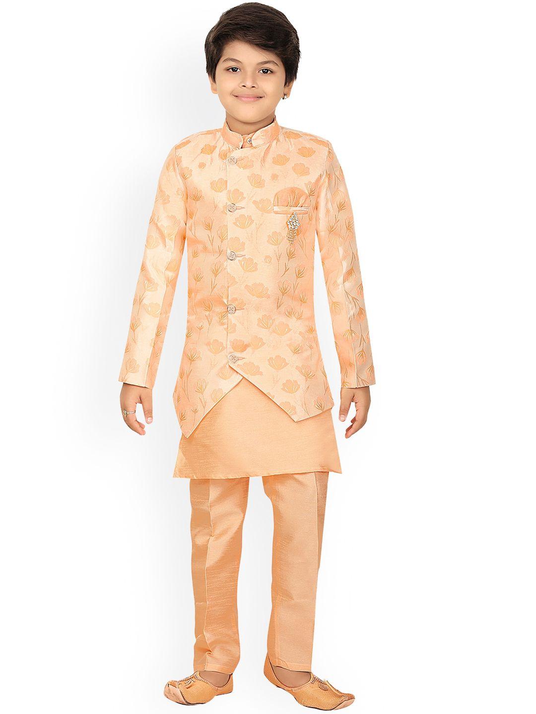 ahhaaaa boys orange printed layered kurta with pyjamas with waistcoat
