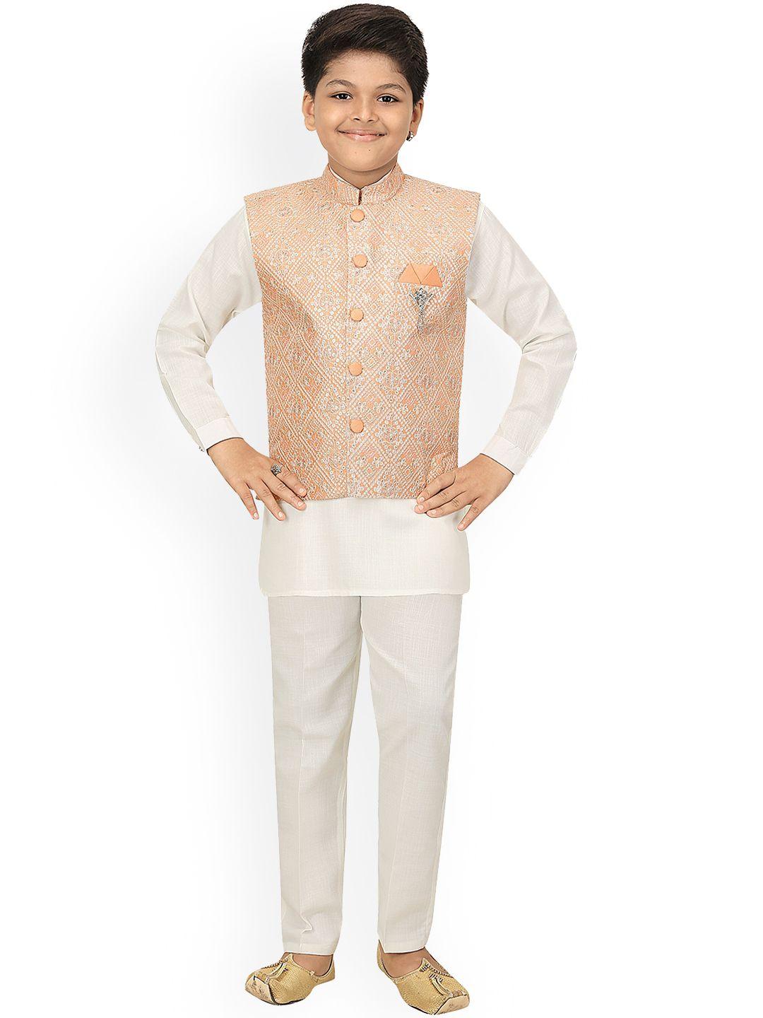 ahhaaaa boys pink & white solid kurta with pyjamas chikan work waistcoat