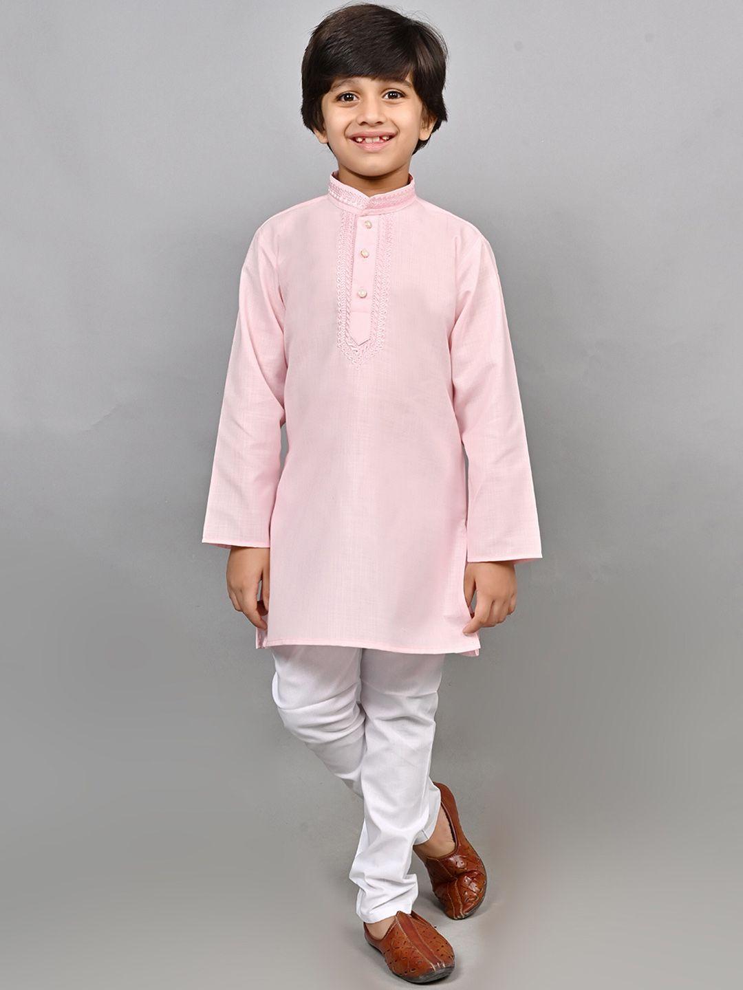 ahhaaaa boys pink ethnic motifs yoke design regular thread work kurta with pyjamas