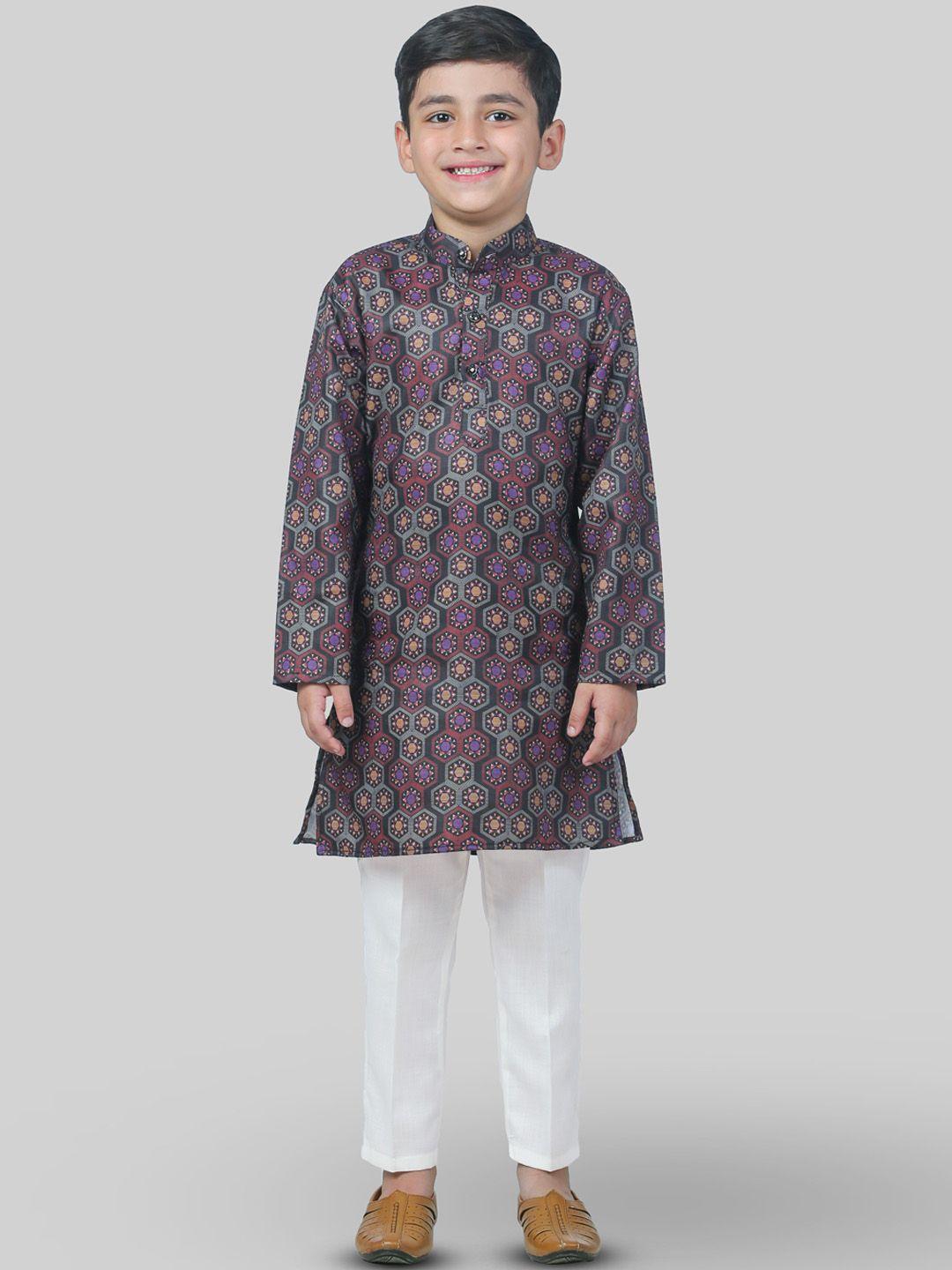 ahhaaaa boys purple ethnic motifs printed regular kurta with pyjamas