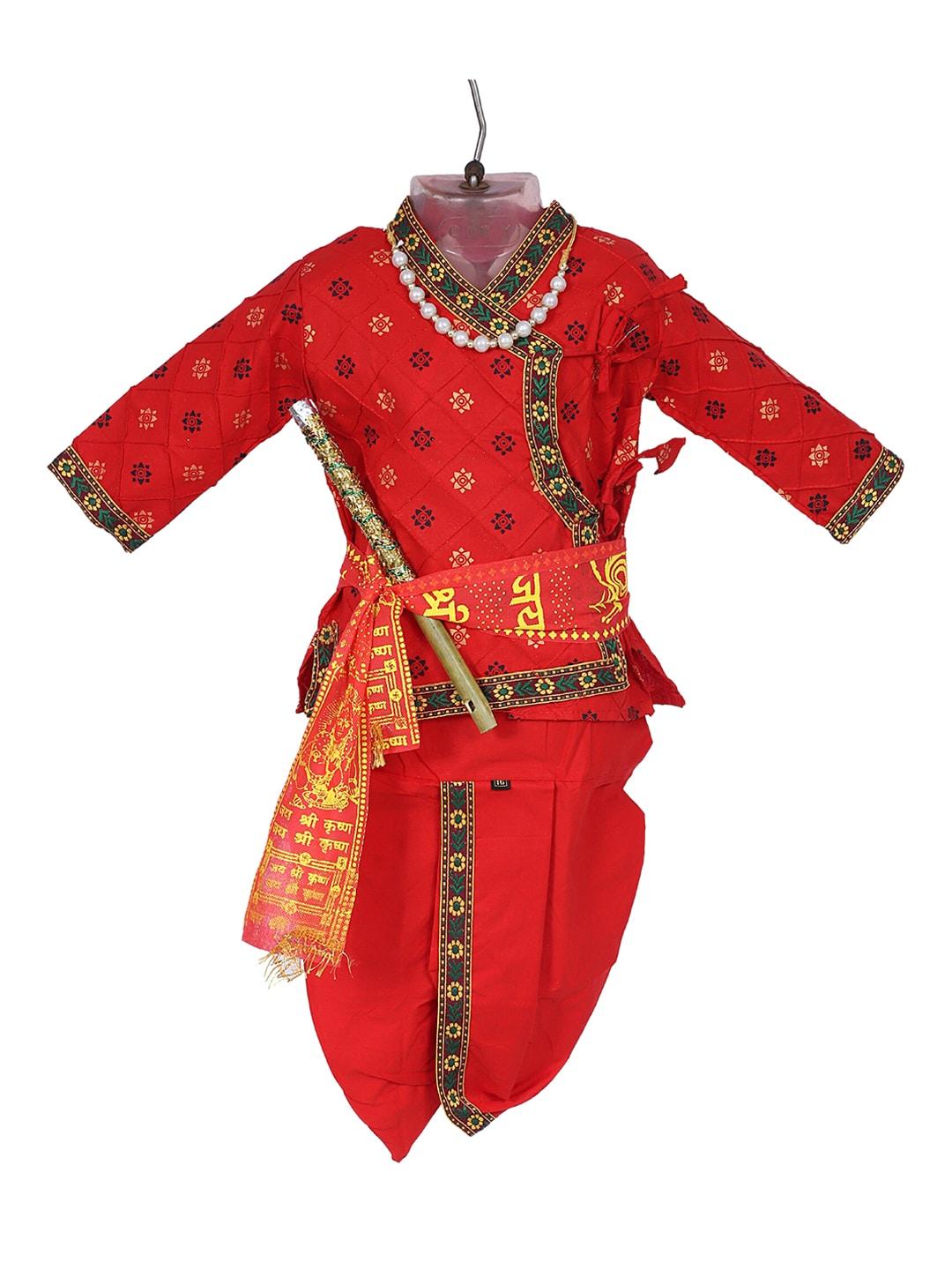 ahhaaaa boys red floral printed angrakha pure cotton kurti with dhoti pants & with dupatta