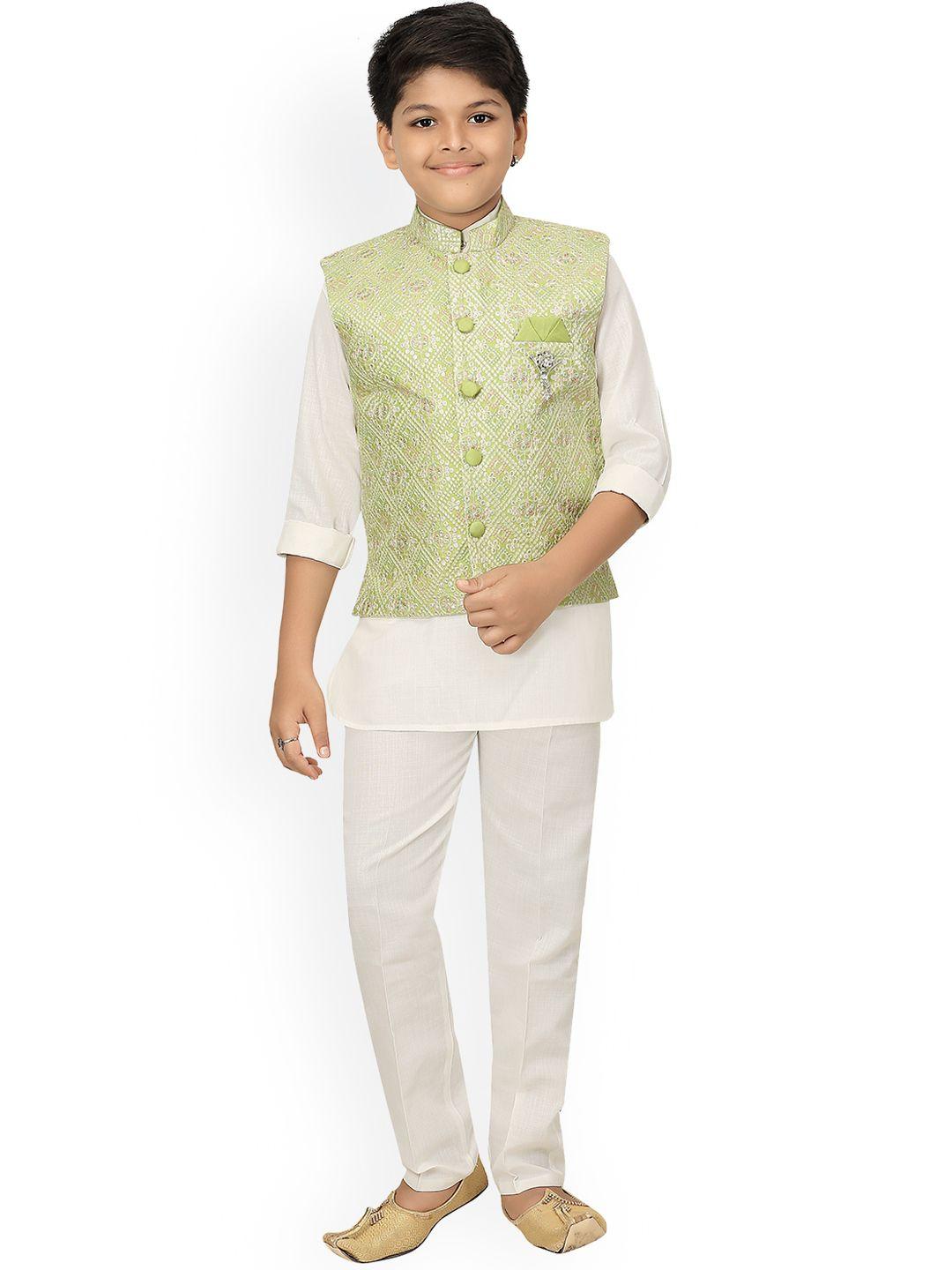 ahhaaaa boys sea green & white solid kurti with pyjamas  chikan work waistcoat