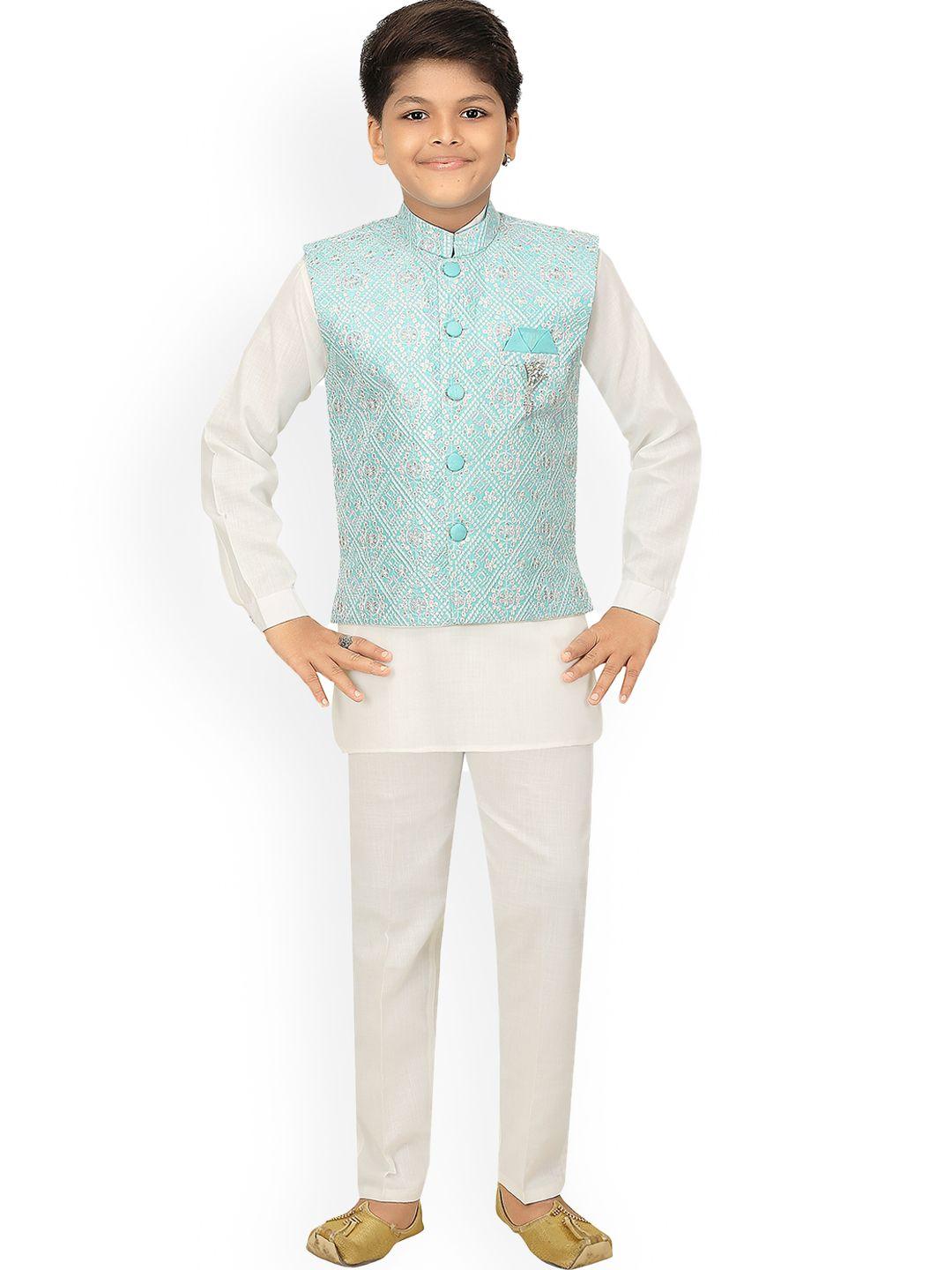ahhaaaa boys turquoise blue & white paisley kurti with pyjamas  chikan work waistcoat