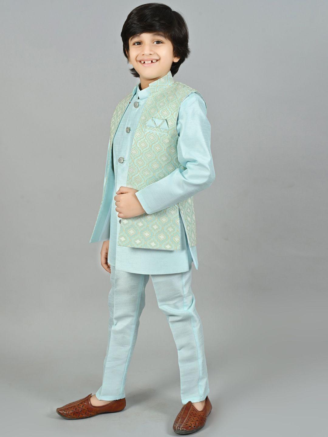 ahhaaaa boys turquoise blue ethnic motifs embroidered regular sequinned kurta with trousers & with dupatta