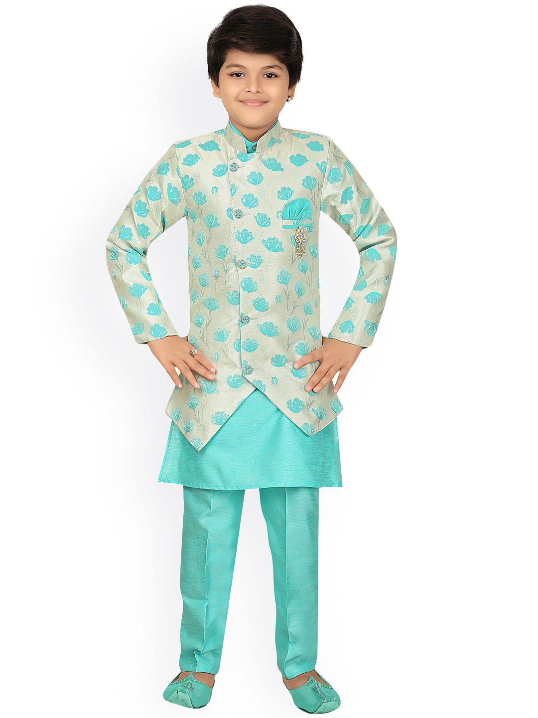 ahhaaaa boys turquoise blue floral printed angrakha sherwani kurta with pyjamas