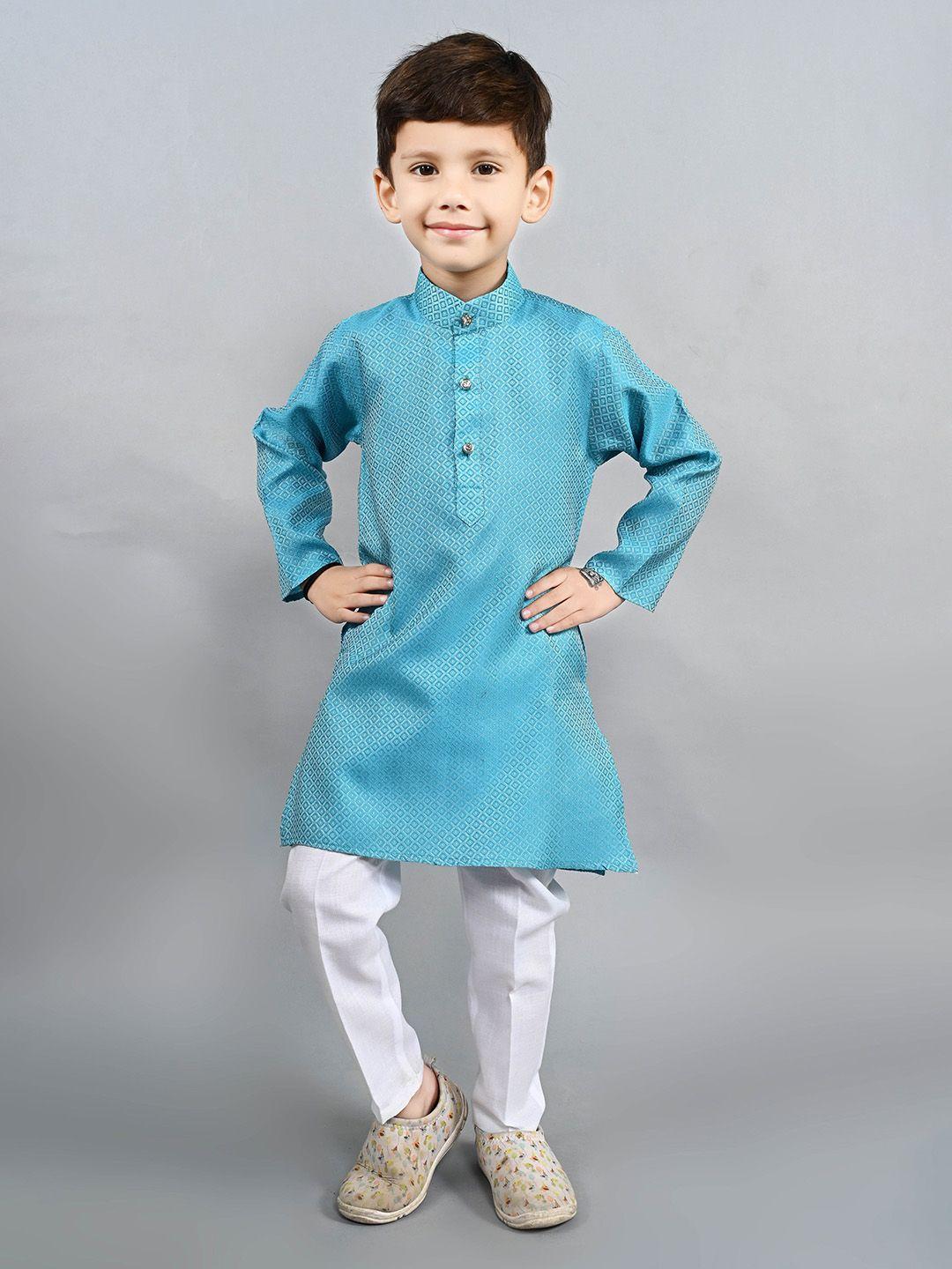 ahhaaaa boys turquoise blue leheriya regular thread work kurta with pyjamas