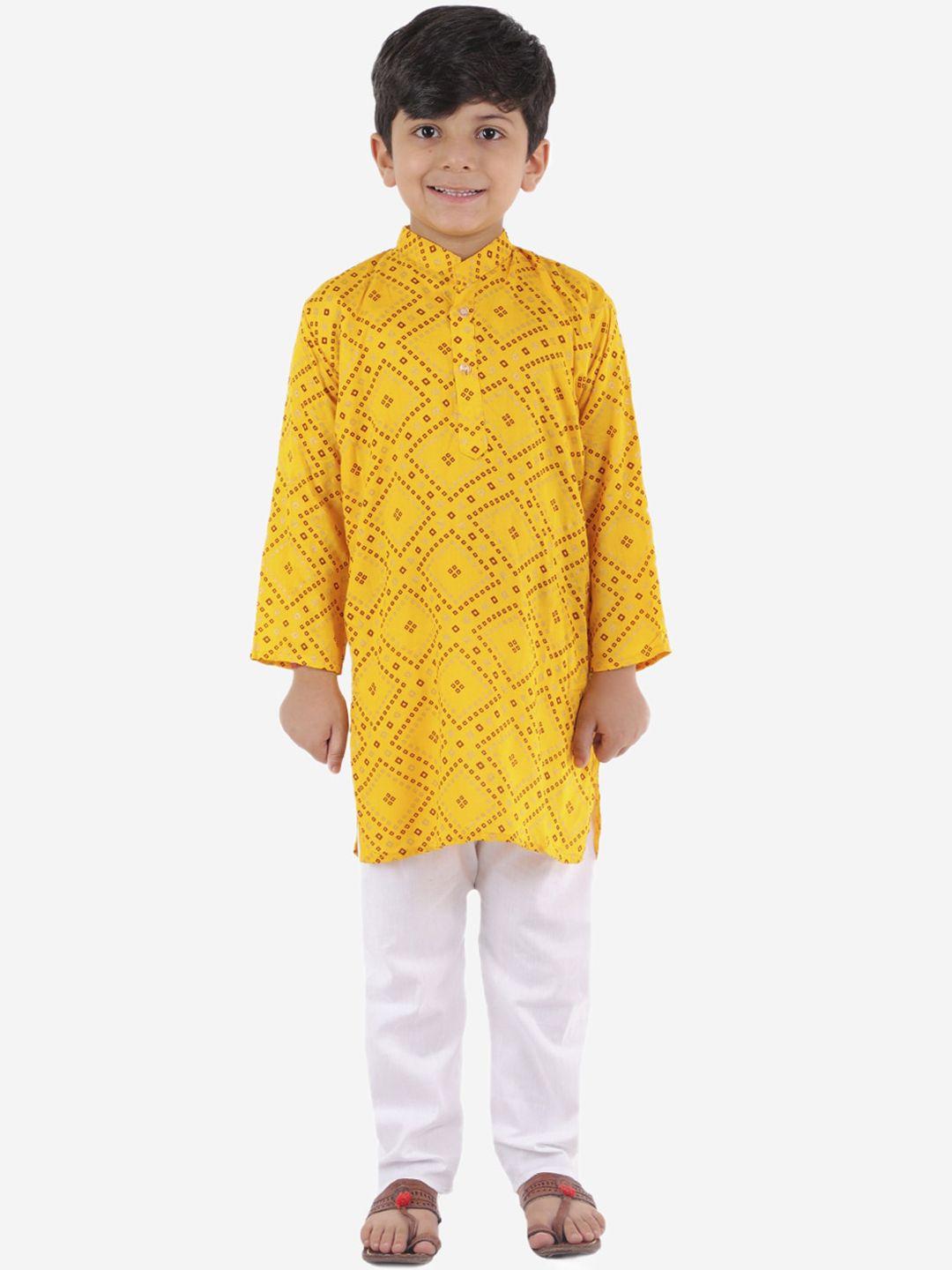 ahhaaaa boys yellow bandhani printed regular pure cotton kurta with pyjamas