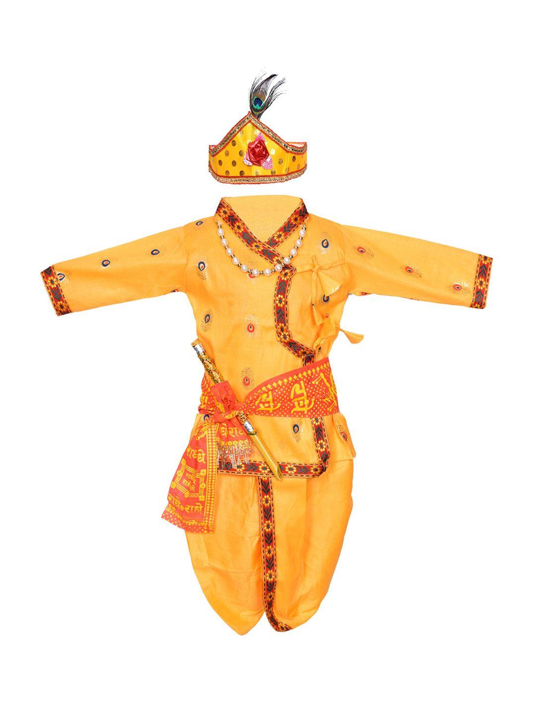 ahhaaaa boys yellow embroidered angrakha pure cotton kurta with dhoti pants & with dupatta