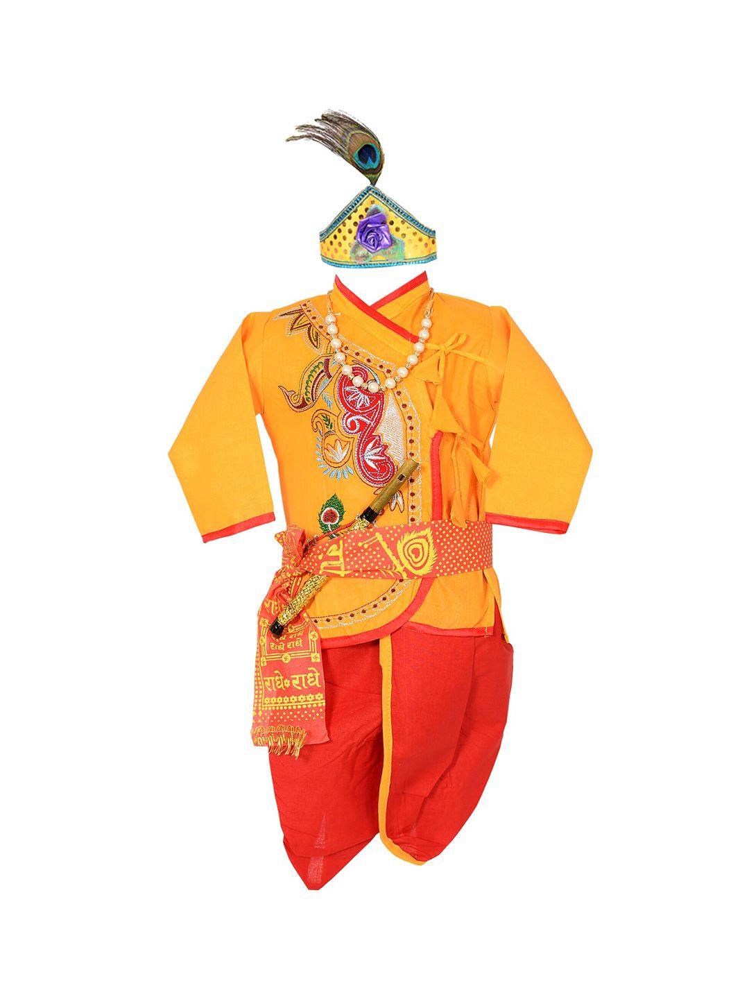 ahhaaaa boys yellow ethnic motifs embroidered angrakha pure cotton kurti with dhoti pants & with dupatta