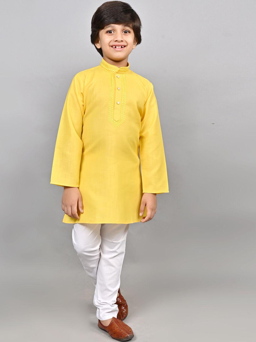 ahhaaaa boys yellow ethnic motifs yoke design regular thread work kurta with pyjamas