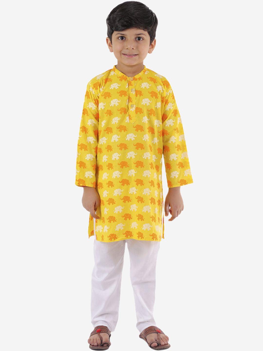 ahhaaaa boys yellow printed pure cotton kurta with pyjamas