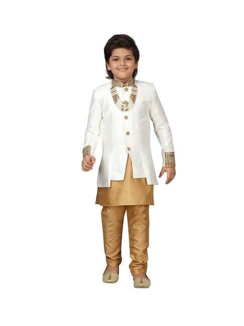 ahhaaaa kids beige & white textured kurta, pyjamas with jacket