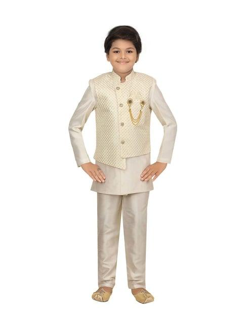 ahhaaaa kids beige cotton embellished full sleeves kurta set