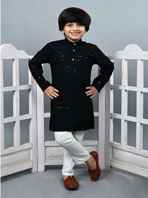 ahhaaaa kids black & white cotton embellished full sleeves kurta set