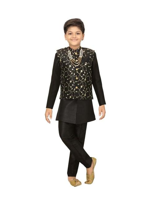 ahhaaaa kids black cotton embroidered full sleeves kurta set