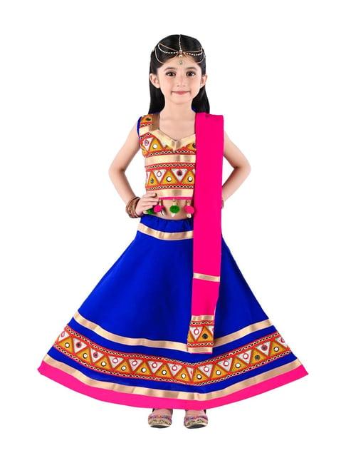 ahhaaaa kids blue & pink cotton embroidered lehenga cholis