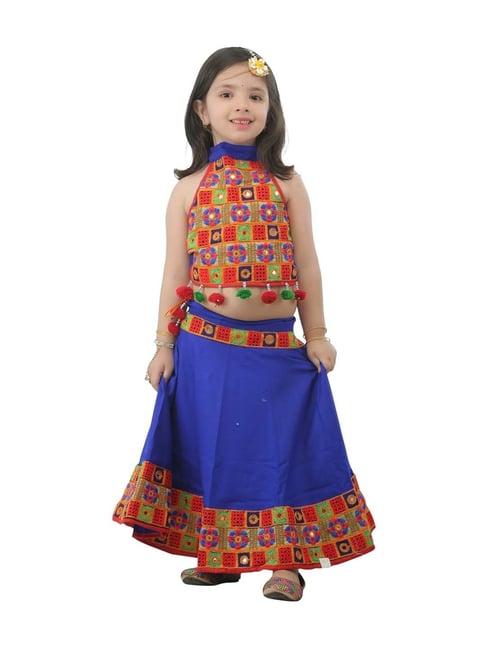 ahhaaaa kids blue & red cotton embroidered lehenga cholis