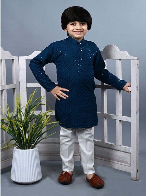 ahhaaaa kids blue & white cotton embellished full sleeves kurta set