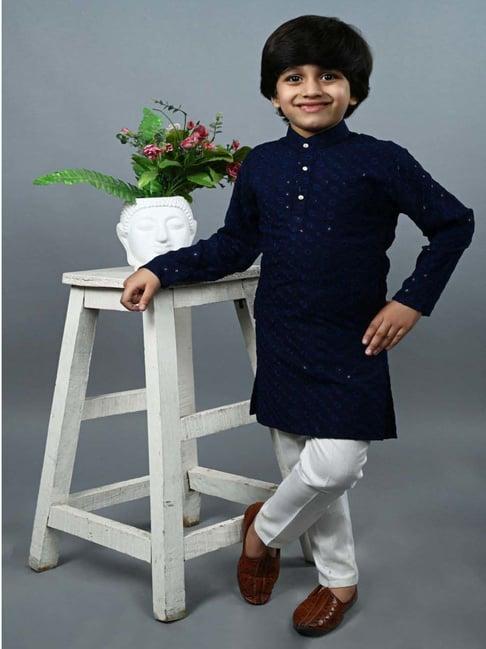 ahhaaaa kids blue & white cotton embroidered full sleeves kurta set