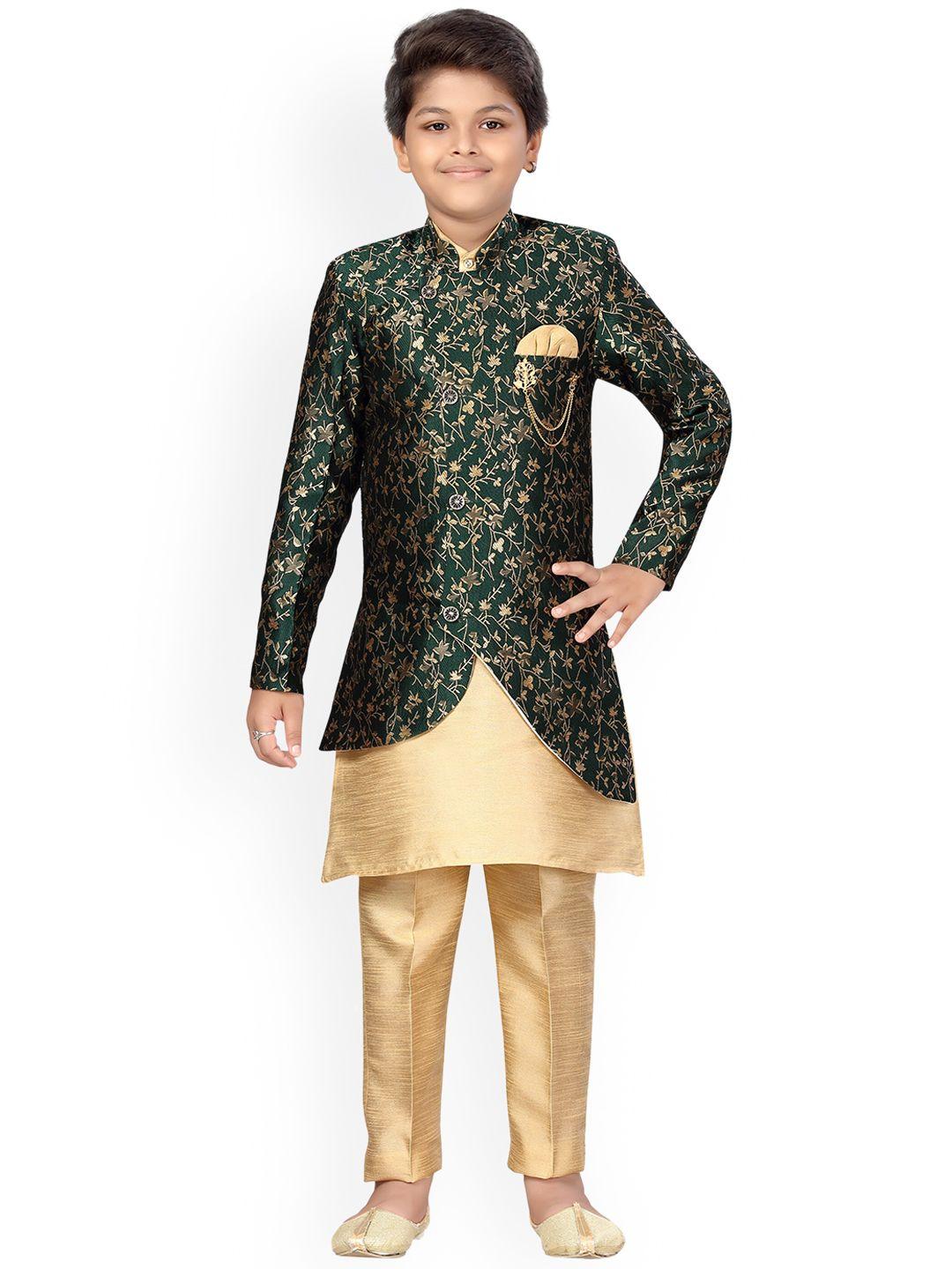 ahhaaaa kids boys green & gold-coloured sherwani set