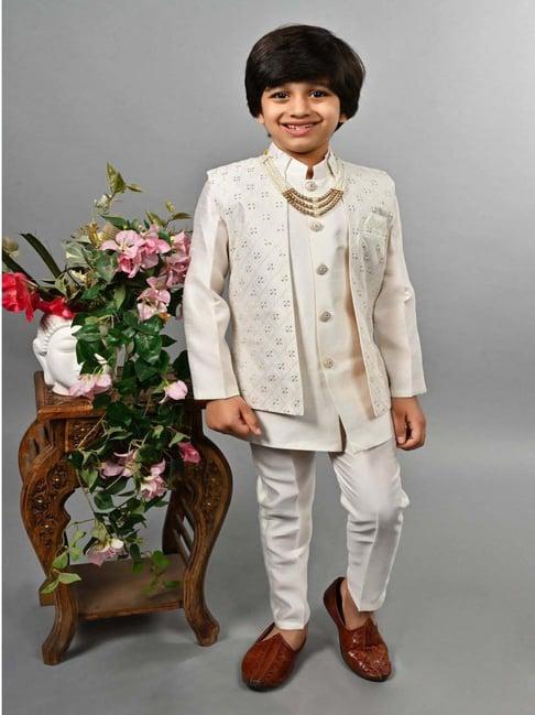 ahhaaaa kids cream & white embellished full sleeves sherwani set