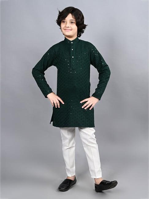 ahhaaaa kids dark green & white embellished full sleeves kurta with pyjamas