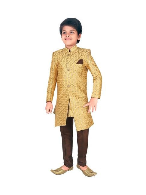 ahhaaaa kids gold & brown embroidered kurta with pajamas