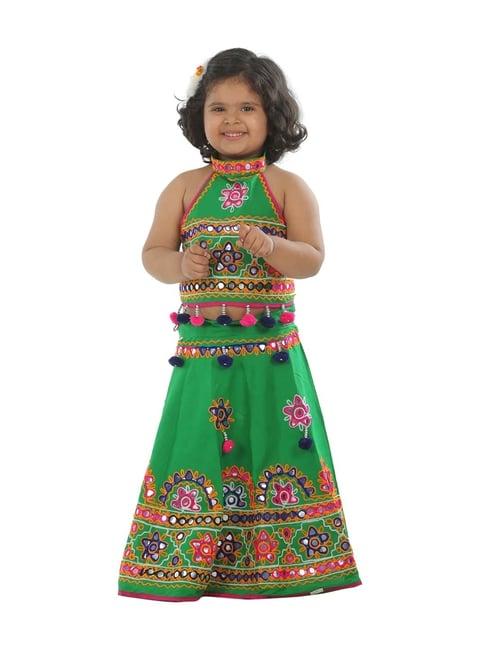 ahhaaaa kids green & pink cotton embroidered lehenga cholis