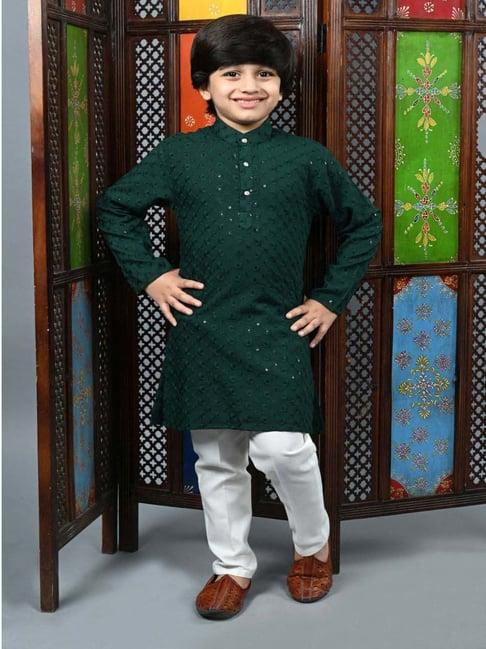 ahhaaaa kids green cotton embellished full sleeves kurta set