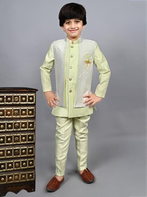 ahhaaaa kids green embellished full sleeves sherwani, jacket & pyjamas