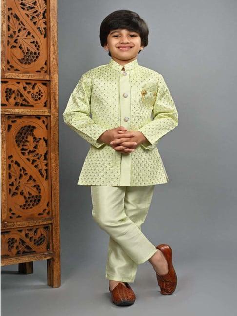ahhaaaa kids green embellished full sleeves sherwani set