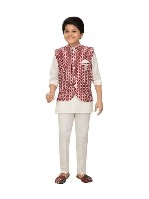 ahhaaaa kids maroon & white cotton embroidered full sleeves kurta set