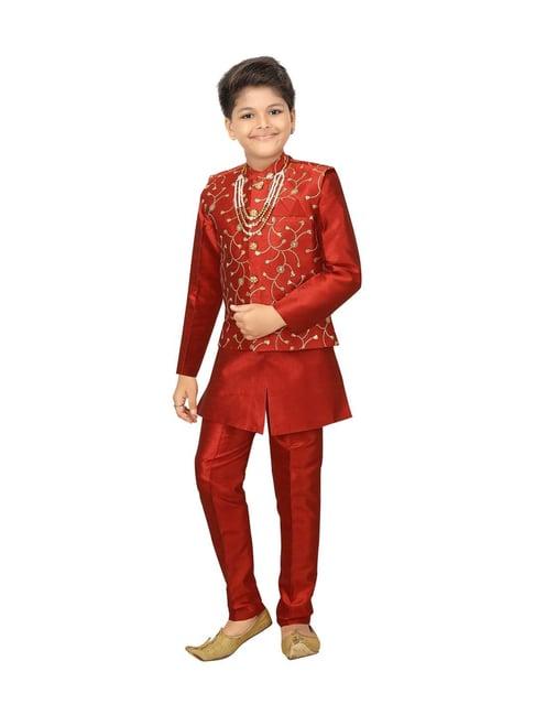 ahhaaaa kids maroon cotton embroidered full sleeves kurta set