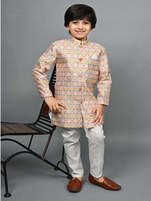 ahhaaaa kids mustard & white embroidered full sleeves sherwani set