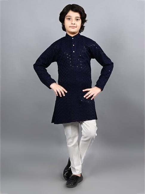 ahhaaaa kids navy & white embellished full sleeves kurta with pyjamas