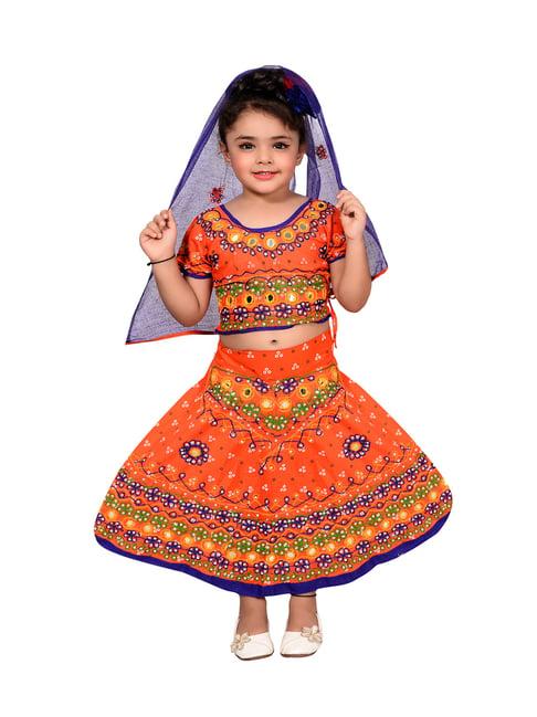 ahhaaaa kids orange embroidered choli, lehenga with dupatta