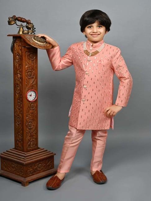 ahhaaaa kids pink embellished full sleeves sherwani set