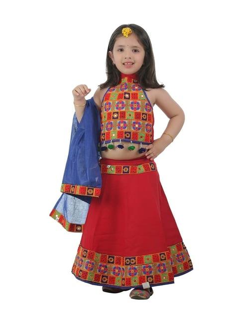 ahhaaaa kids red & blue cotton embroidered lehenga cholis
