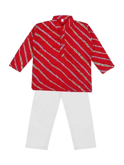 ahhaaaa kids red & white cotton striped kurta set