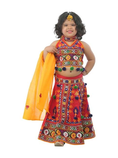 ahhaaaa kids red & yellow cotton embroidered lehenga cholis