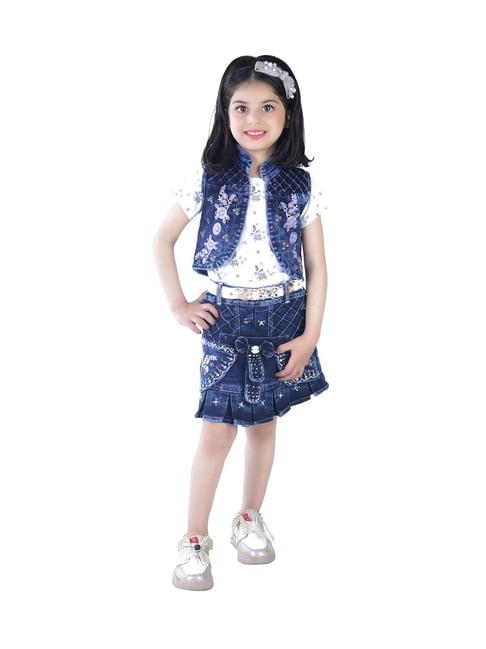 ahhaaaa kids white & blue printed top, skirt, jacket with belt