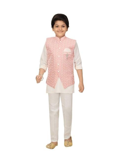 ahhaaaa kids white & pink cotton embroidered full sleeves kurta set