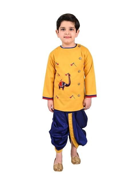 ahhaaaa kids yellow & blue cotton embroidered kurta set