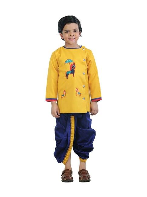 ahhaaaa kids yellow & blue cotton embroidered kurta set