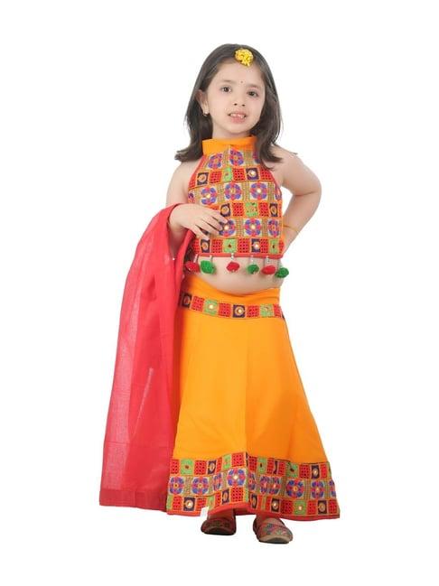 ahhaaaa kids yellow & red cotton embroidered lehenga cholis