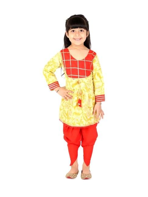 ahhaaaa kids yellow & red cotton floral print kurti set