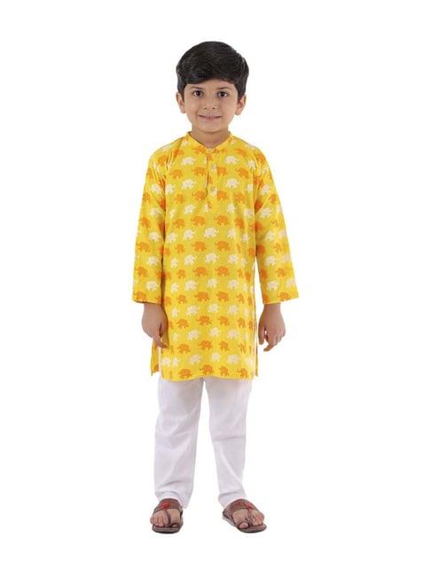 ahhaaaa kids yellow & white cotton printed kurta set