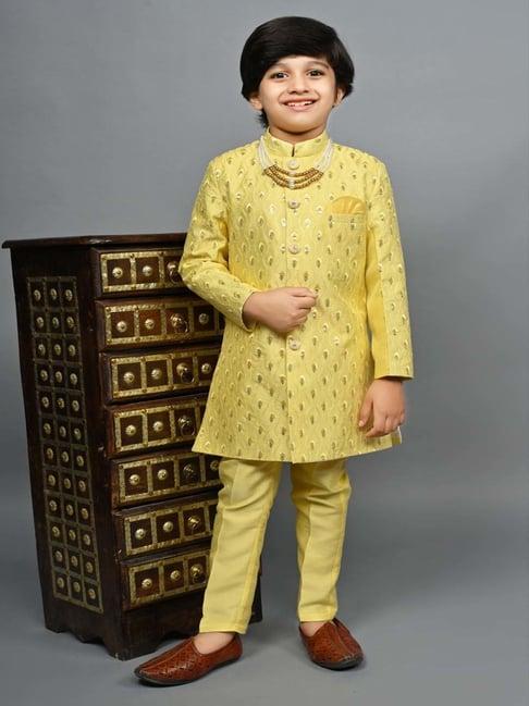 ahhaaaa kids yellow embellished full sleeves sherwani set