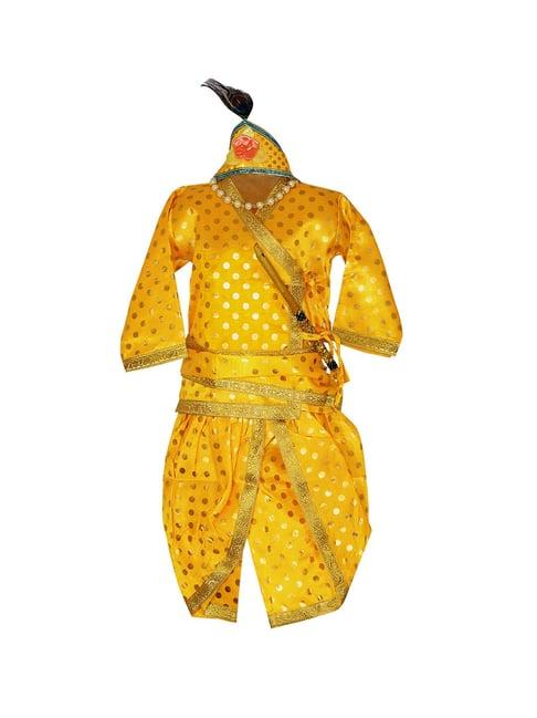 ahhaaaa kids yellow embellished kurta, dhoti, pagri with flute