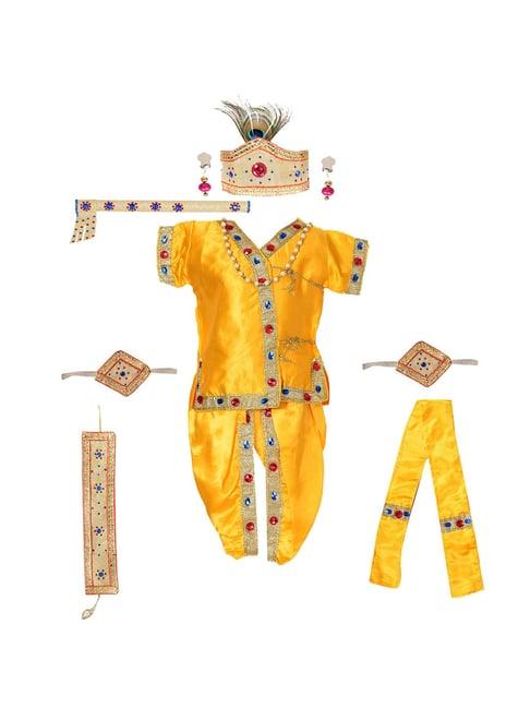 ahhaaaa kids yellow embroidered kurta, dhoti, pagri, flute& set